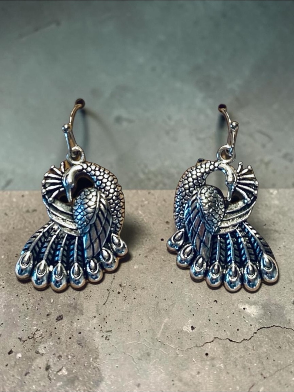 Silver Peacock Feather Drop Earrings